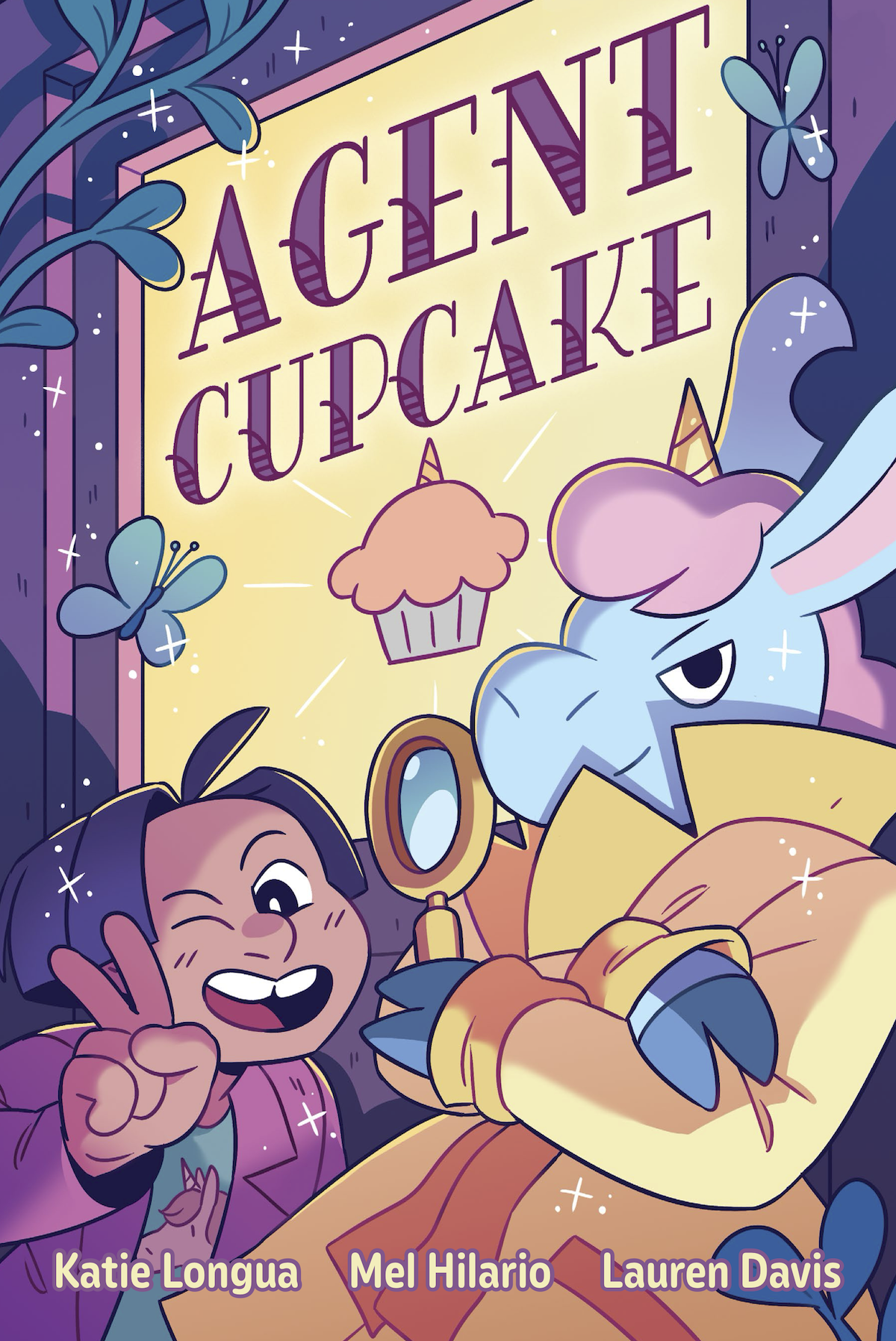 Agent Cupcake graphic novel cover featuring a bipedal unicorn wearing a trenchcoat and holding a magnifying glass and a Filipino boy flashing a peace sign and winking