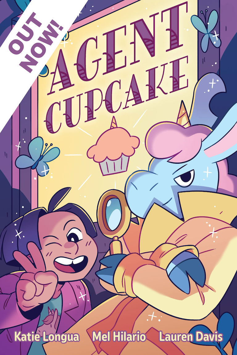 Agent Cupcake graphic novel cover with a banner that reads Out Now! The cover features a bipedal unicorn wearing a trenchcoat and holding a magnifying glass and a Filipino boy flashing a peace sign and winking. Credits read Katie Longua Mel Hilario Lauren Davis