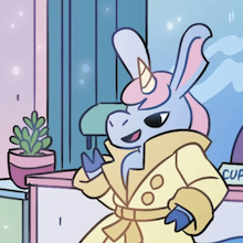 Comic image of a bipedal unicorn wearing a trenchcoat