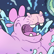 Comic image of a pink hippo in a bow emerging from the water